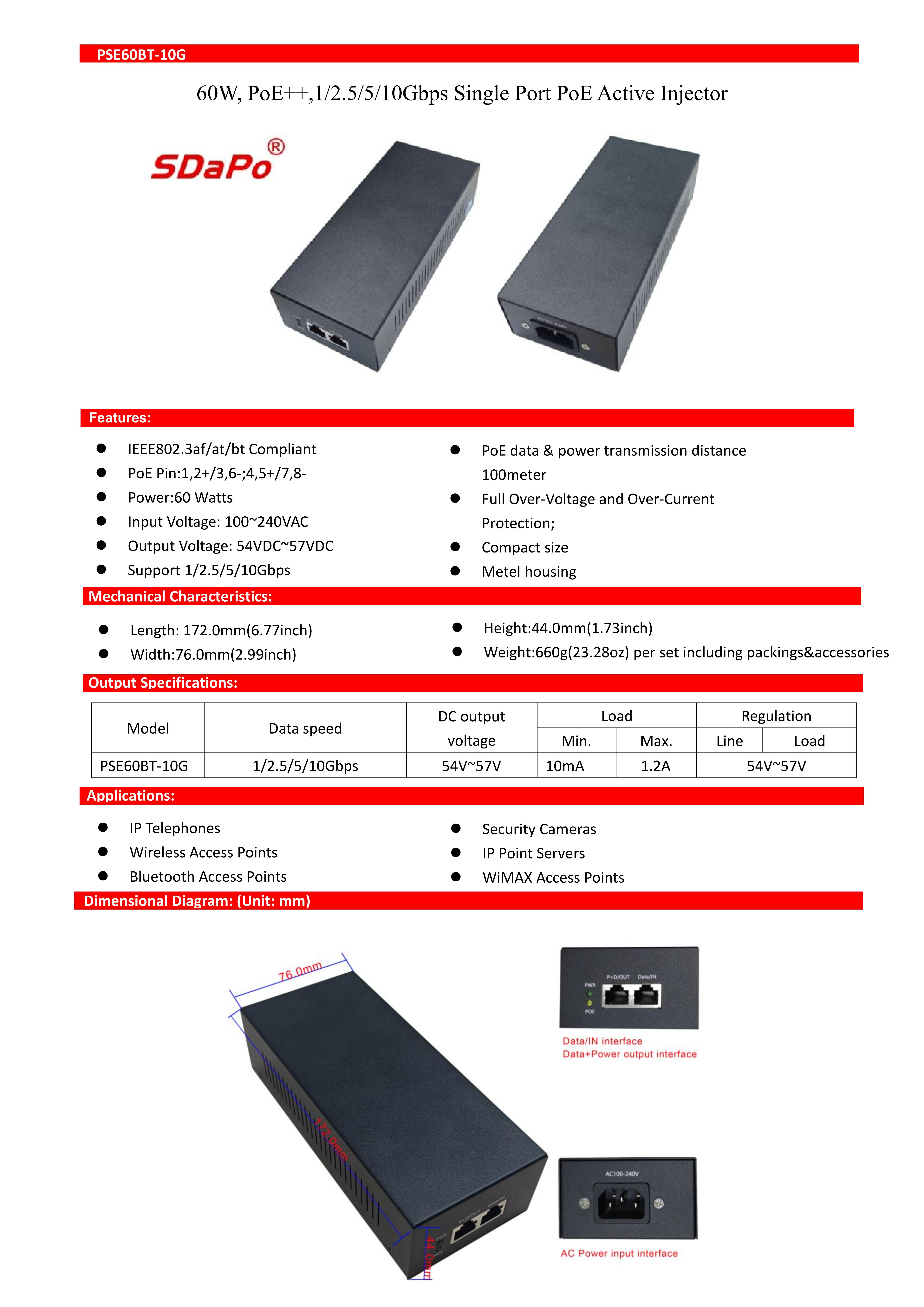 PSE60BT-10G PoE++ 10Gbps Single Port 60W PoE Active Injectors