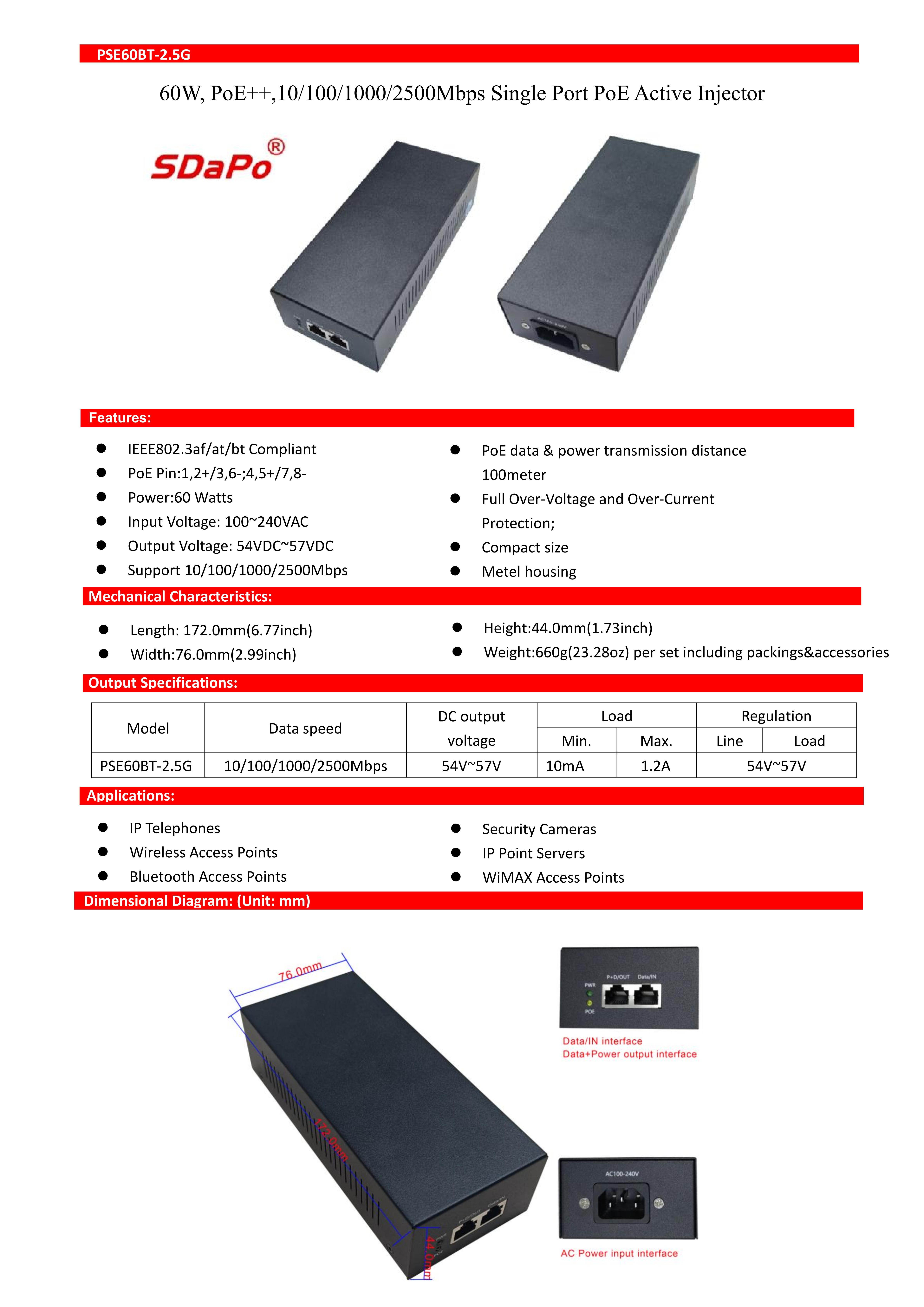 PSE60BT-2.5G PoE++ 2,5 Gbit/s Single Port 60 W PoE Aktive Injektoren