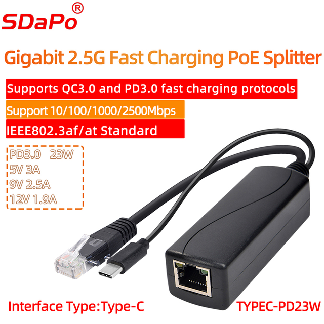 TYPEC-PD23W 2,5G QC3.0 PD3.0 Standard szybkiego ładowania IEEE802.3at Gigabit Ethernet PoE Splitter