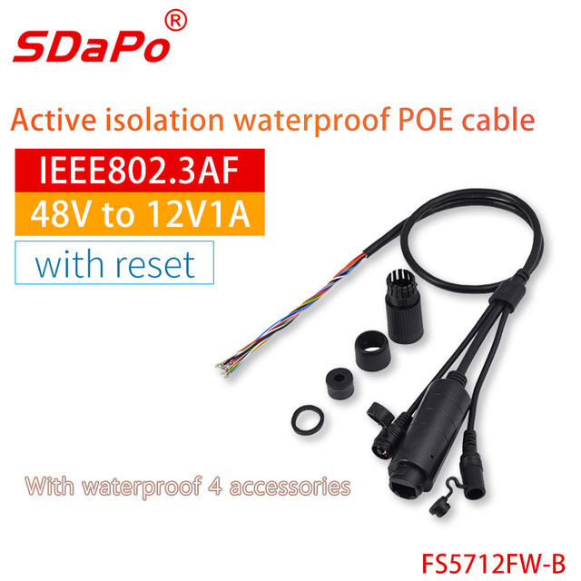 Cabo PoE imperme&aacute;vel FS5712FW 12V1A 10/100M IP66 com bot&atilde;o de reinicializa&ccedil;&atilde;o para IPC