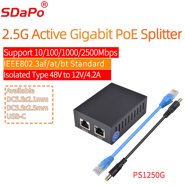 Divisor PoE activo Gigabit Ethernet PS1250G 12A4.2A 50W